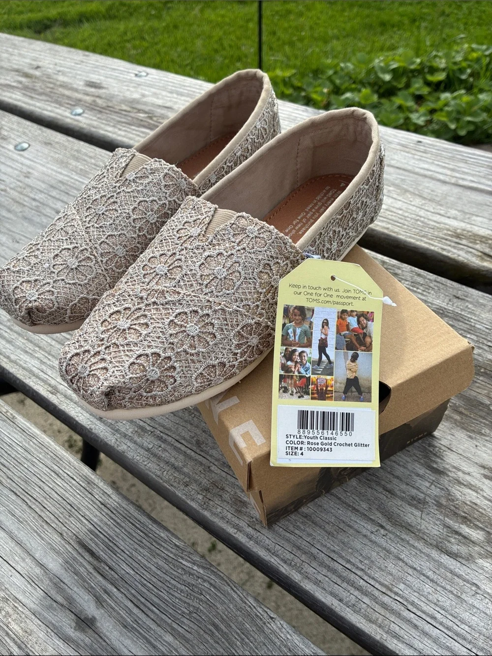 Toms Kids Rose Gold Crochet Glitter Slip-Ons